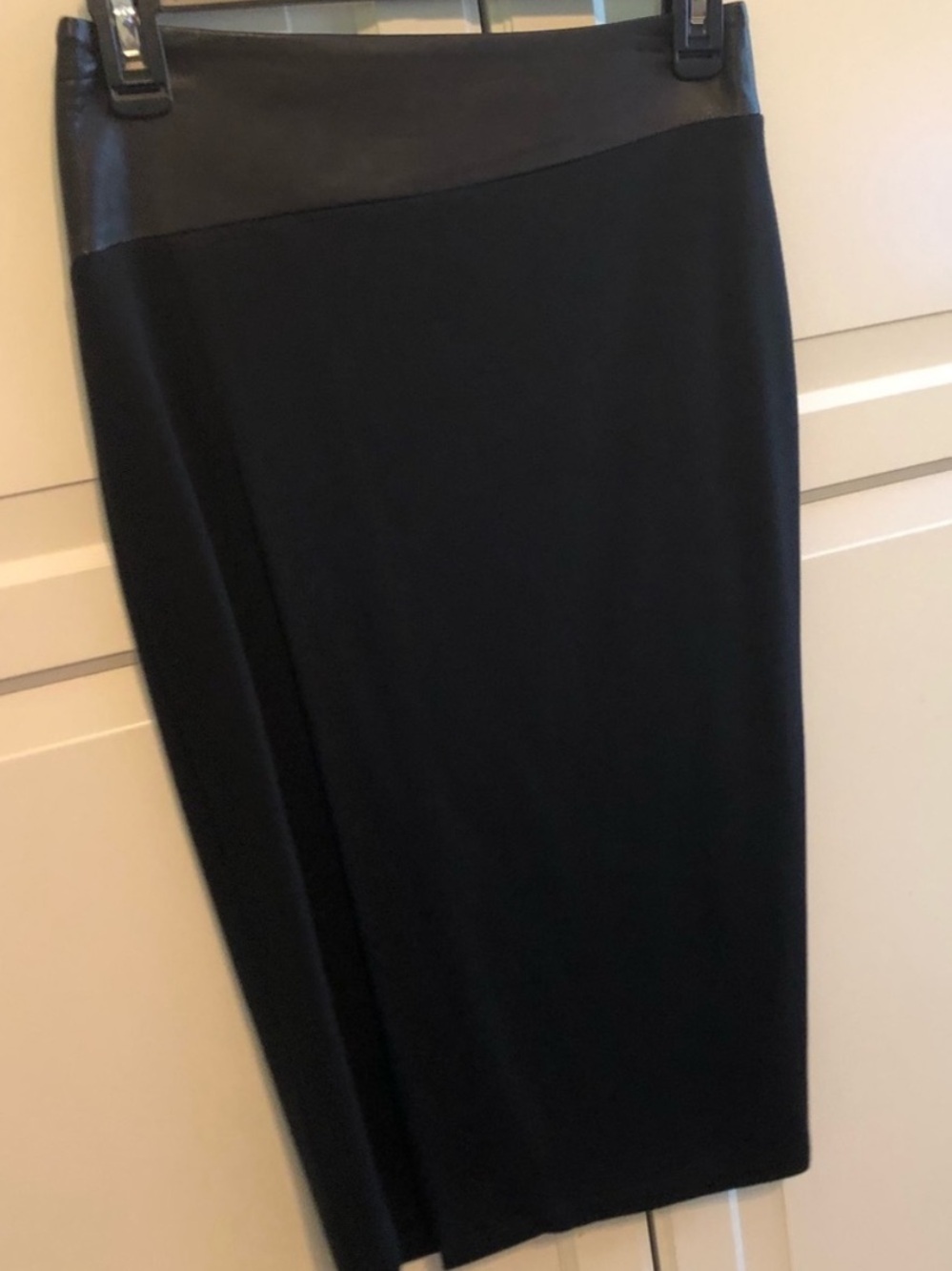 Alice + Olivia Black Faux-Leather Trim Pencil Skirt high slit